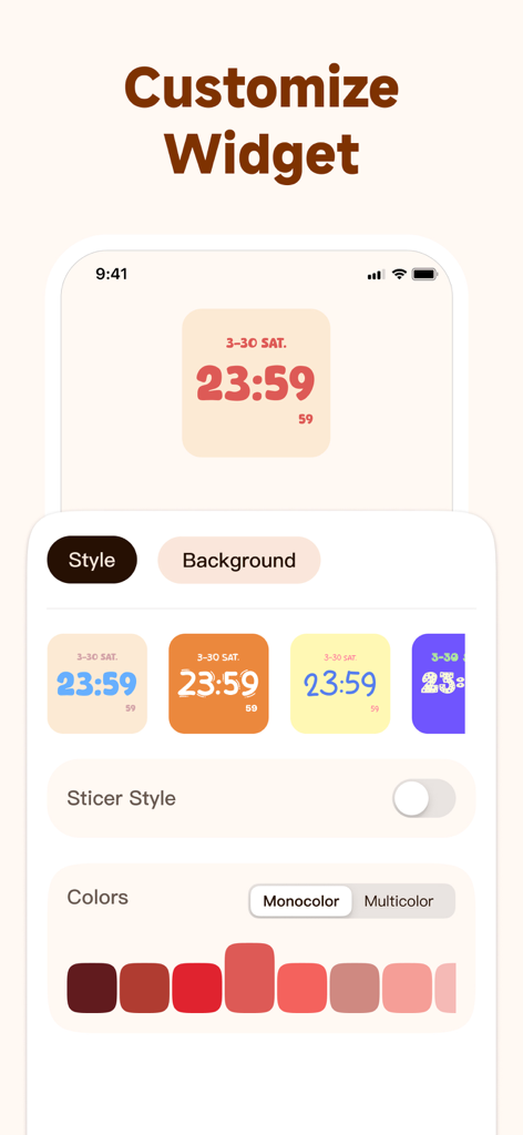 Interface for customizing a digital clock widget with various colors and styles in the Widget Park app