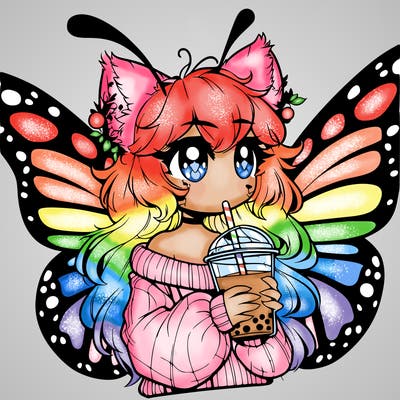 a realistic butterfly/furry girl drinking boba