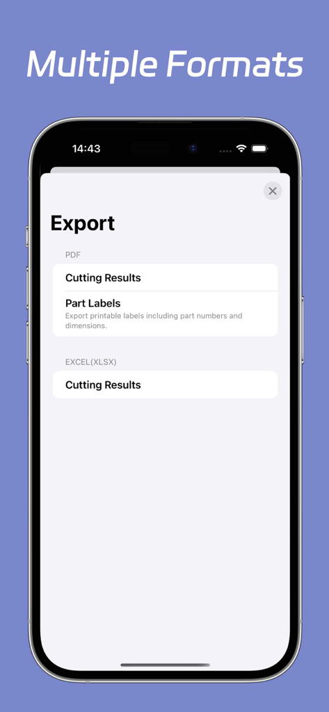 Bildschirmfoto des Exportbildschirms in CutList Optimizer, das Optionen für PDF- und Excel-Formate anzeigt