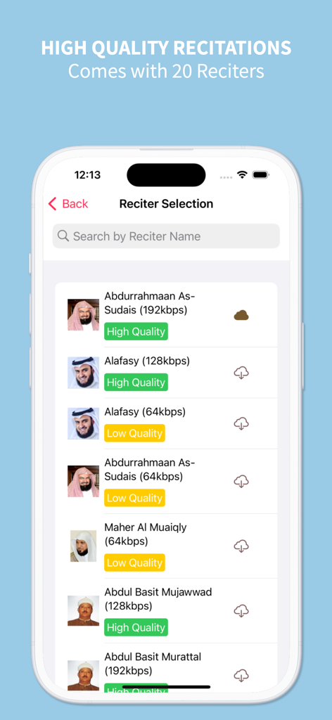 Uma tela móvel mostrando a interface de seleção de recitador com opções para vários recitadores famosos do Alcorão e configurações de qualidade de áudio.