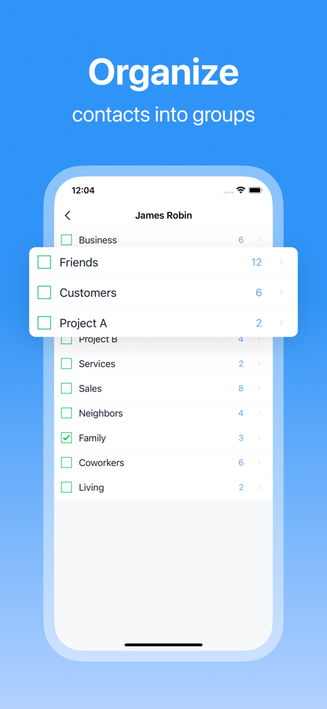 연락처에 대해 비즈니스, 친구, 고객과 같은 범주로 그룹 정리 기능을 보여주는 SA Contacts Lite의 스크린샷