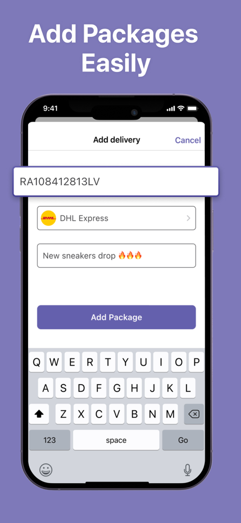 Package Tracker: Track Parcels - Una pantalla de iPhone que muestra la interfaz para agregar un nuevo número de rastreo de entrega con un campo de nota personalizado y selección de empresa de mensajería para DHL Express