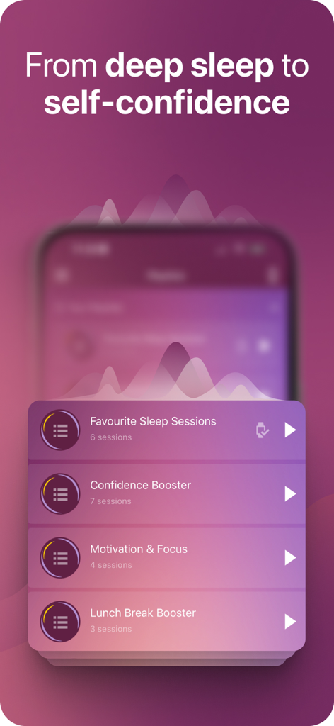 Harmony Self Hypnosis - Harmony Self Hypnosis app interface showing a list of session categories for sleep, confidence, motivation, and focus.