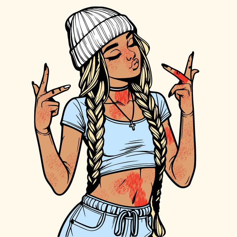 realistic teenage girl with braids and a beanie and crop top doing 🫶🏼
