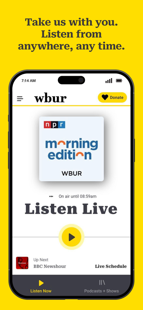 WBUR app live radio stream featuring NPR Morning Edition
