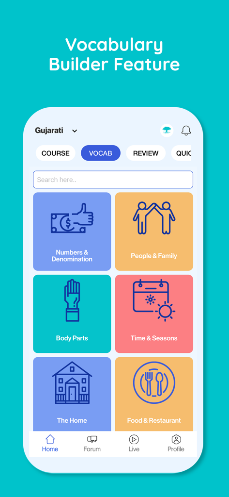 Language Curry - Speak Indian - Vocabulary Builder screen in the Language Curry app for Gujarati language learning.