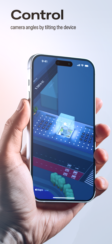 랜드마크의 3D 도시 지도와 기기 기울이기 카메라 각도 제어에 대한 설명이 표시된 iPhone