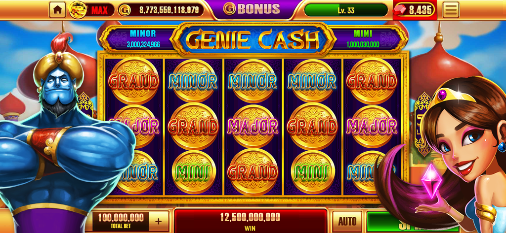 Gameplay of Genie Cash slot machine in Real Casino Slots 2 showing a massive jackpot win with genie and princess characters