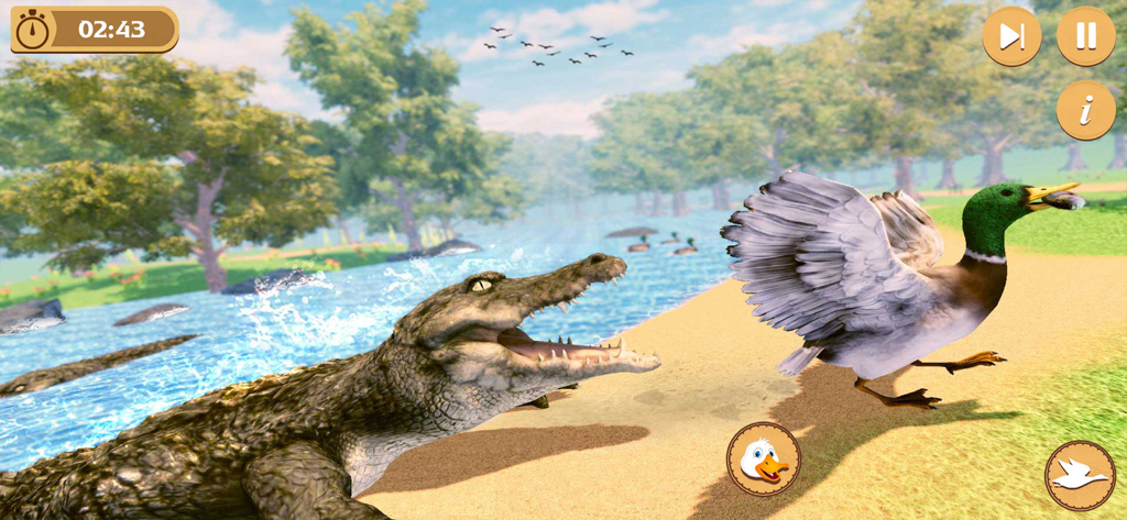 Virtual Duck Life Simulator - Eine Stockente rennt in Virtual Duck Life Simulator vor einem Krokodil davon