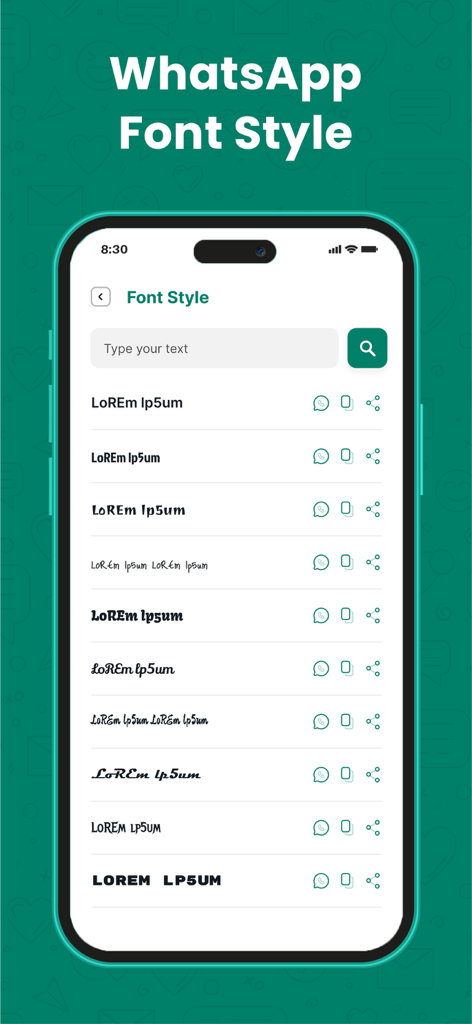 WT Web - Dual Chat - Captura de pantalla mostrando una variedad de fuentes elegantes para mensajes de WhatsApp en la aplicación WT Web