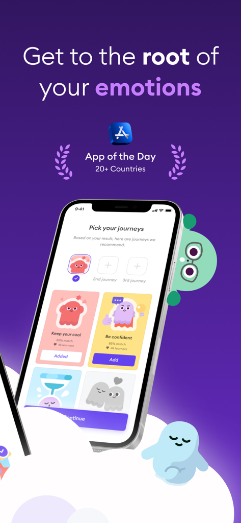 Bildschirm der Ahead-App, der personalisierte emotionale Wachstumsreisen und den Slogan 'Kommen Sie den Wurzeln Ihrer Emotionen auf die Spur' zeigt.