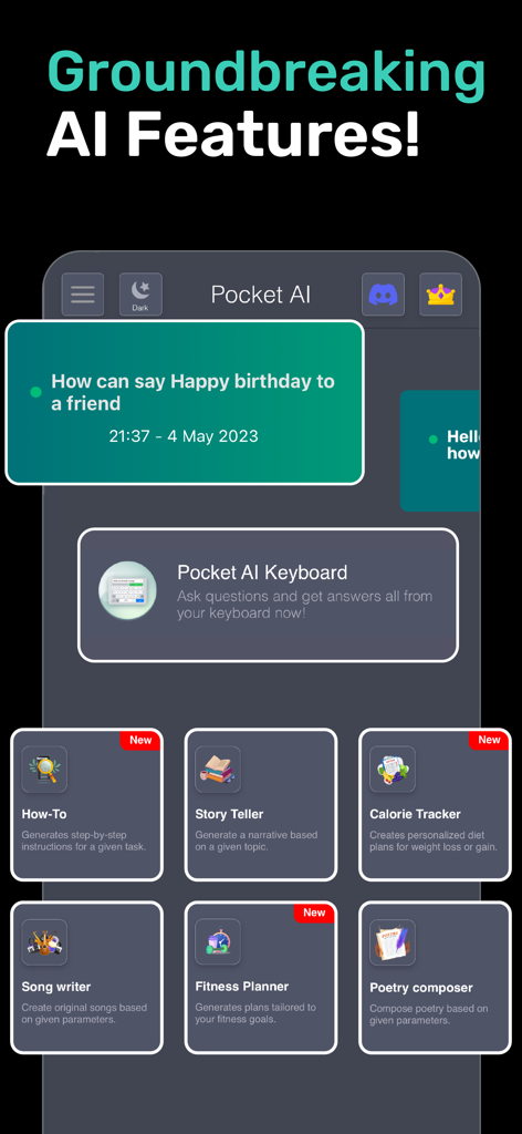 PocketAI app interface showcasing AI features like Story Teller, Fitness Planner, and Song Writer.