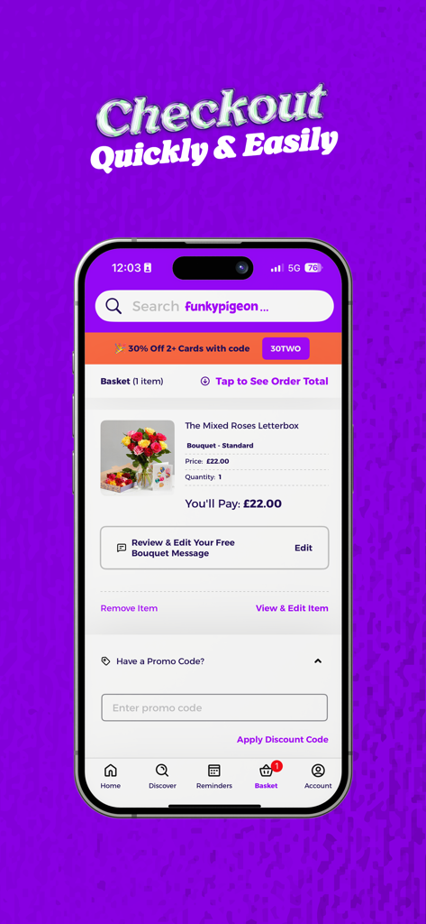 Checkout screen of the Funky Pigeon app showing a bouquet of roses in the shopping basket.