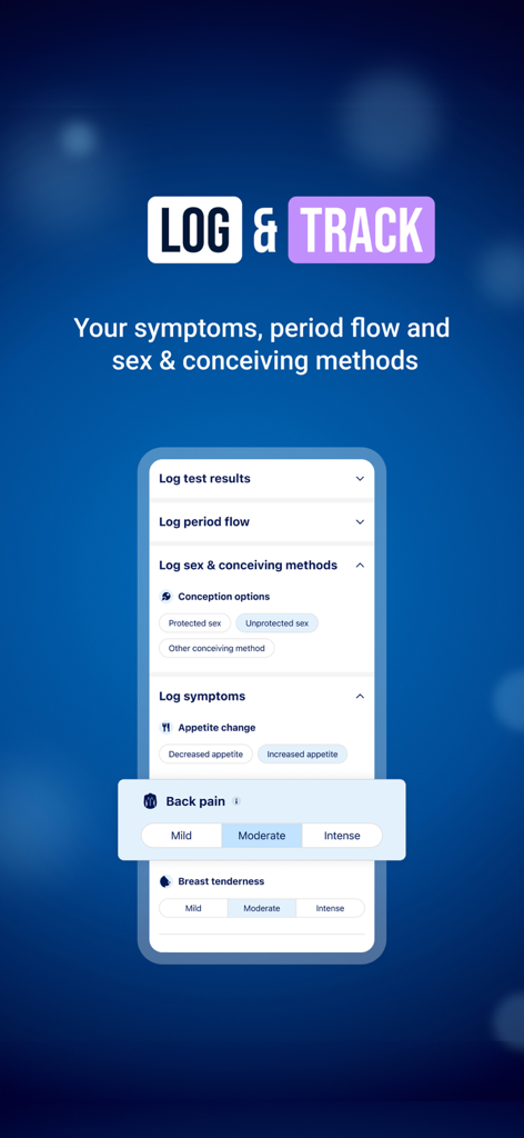Mobile interface for logging menstrual symptoms and fertility methods in the Period-Tracker app