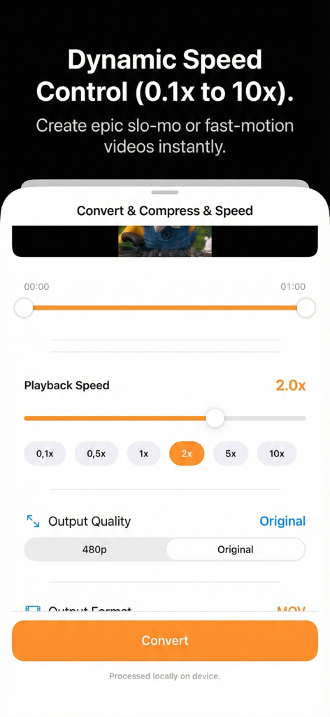 Offline Video Converter & Tool - 슬로우 모션 또는 패스트 모션 비디오를 만들기 위해 0.1배에서 10배까지 동적 재생 속도 제어 옵션을 보여주는 모바일 앱 인터페이스