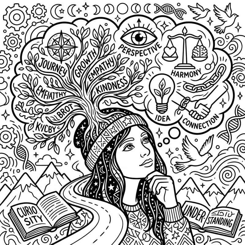 Dive into a journey of self-discovery with this unique conceptual self-portrait coloring page. Filled with inspiring symbols and profound ideas, it offers a mindful escape for reflection and creativity.