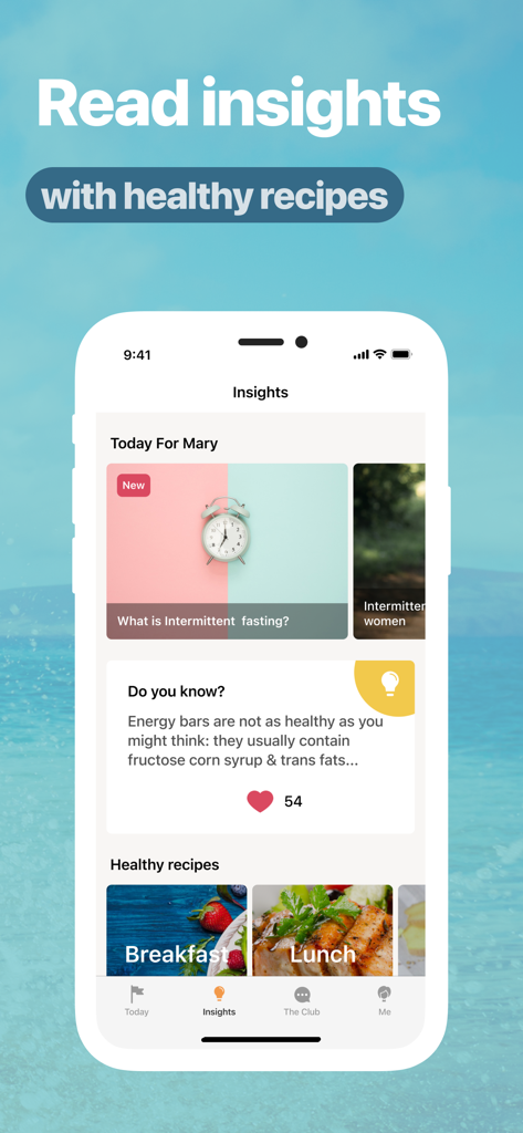 Mobile app screen showing personalized intermittent fasting insights and healthy meal recipes