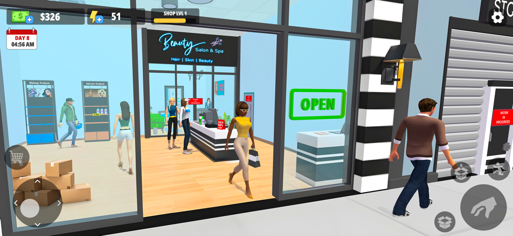 My Makeup Shop Simulator - A 3D gameplay view showing the entrance and interior of a beauty boutique in My Makeup Shop Simulator.