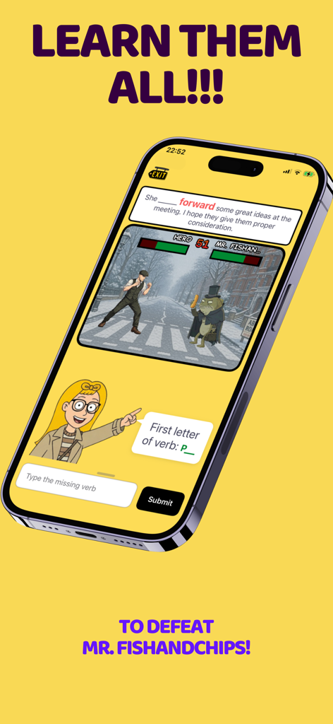 A gamified English learning interface where players complete phrasal verb sentences to win a battle against a cartoon character.