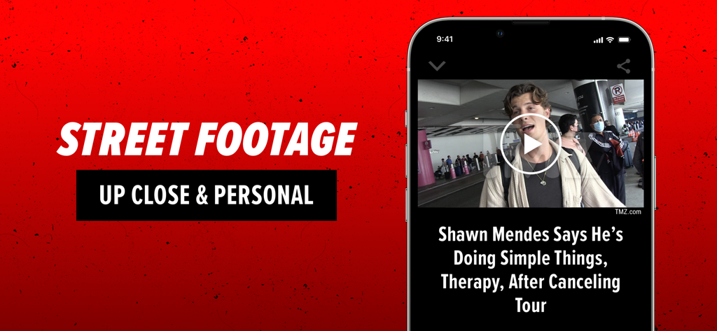 TMZ - TMZ app interface displaying exclusive celebrity street footage and video news