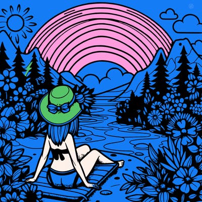 s girl wearing a beach/underwater in the forest/desert with flowers and sees a rainbow on the 4 of july
