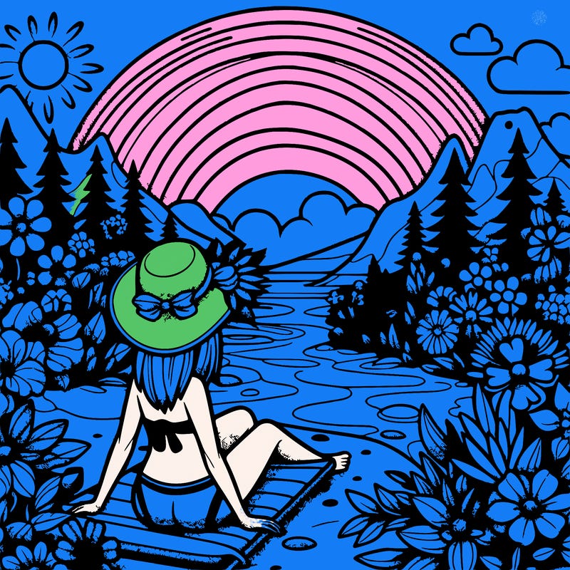 s girl wearing a beach/underwater in the forest/desert with flowers and sees a rainbow on the 4 of july