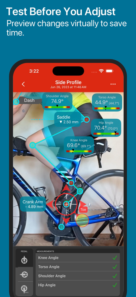 Interfaz de la aplicación Bike Fast Fit Pro que muestra ajustes virtuales de ajuste de bicicleta y mediciones de ángulos corporales.