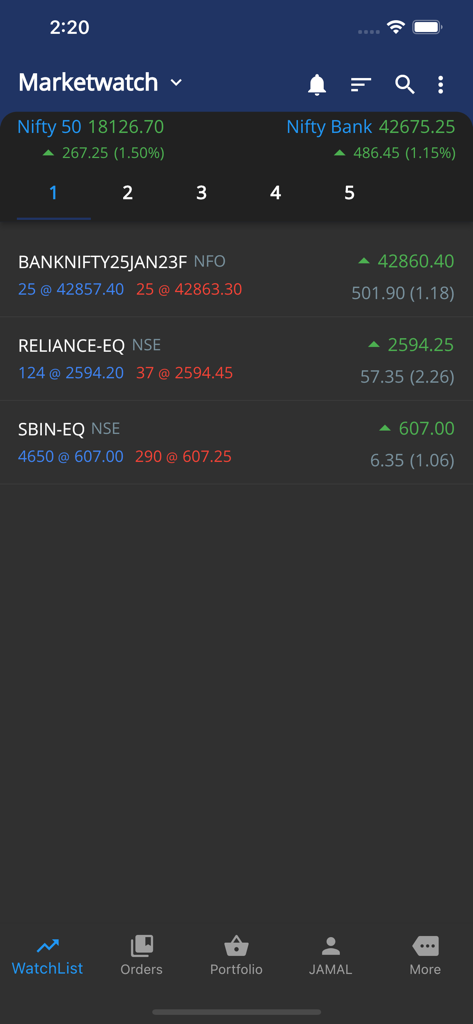 MYNT Zebu - MYNT Zebu mobile app marketwatch interface displaying live Nifty 50 and Nifty Bank indices with a watchlist of Indian stocks like Reliance and SBI