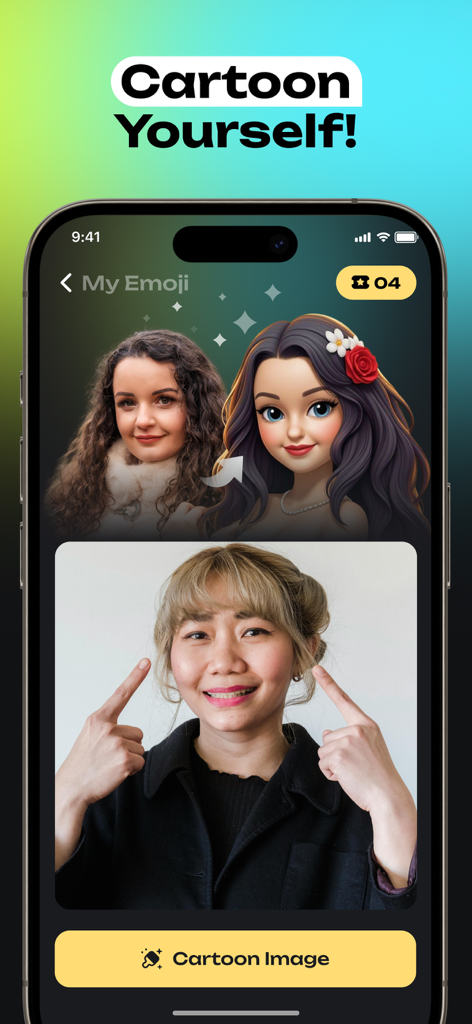 Make me Old : Old Aging Face - Interface of the Make me Old app showing the Cartoon Yourself filter transforming a real photo into a stylized digital avatar.