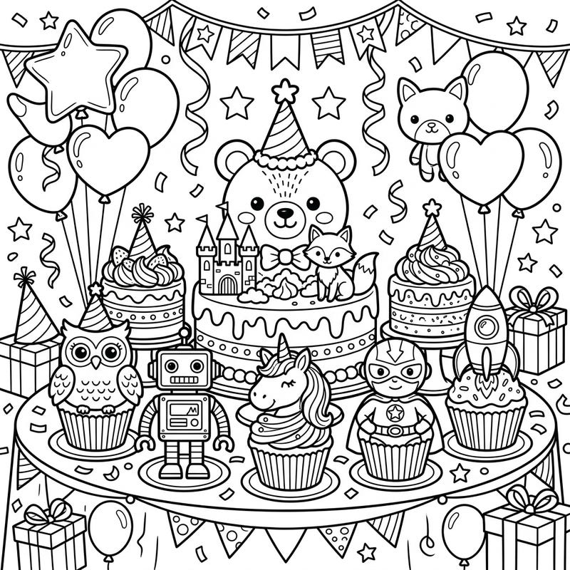 Get ready for a vibrant celebration with this adorable character cakes birthday coloring page. It's packed with delightful treats and festive decorations, perfect for bringing a party to life with your favorite colors.