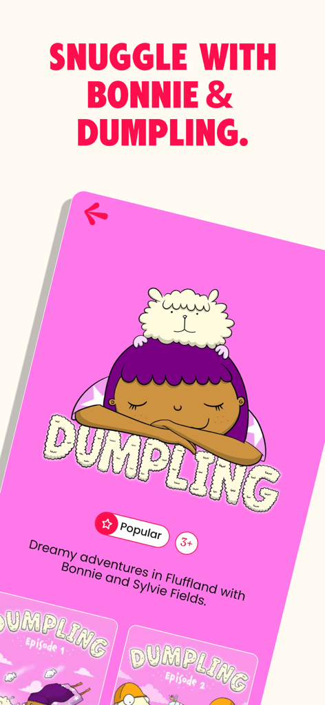 Sooper Books: Kids Audiobooks - Promo-Bildschirm für die Gute-Nacht-Geschichtenserie 'Dumpling' in der Sooper Books App.