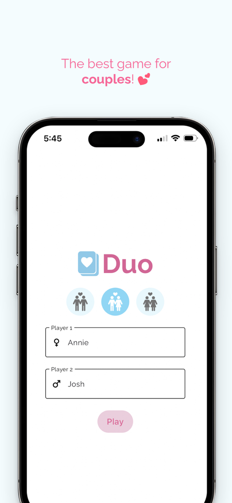 Duo: Game for couples - Duo app setup screen with player name inputs for Annie and Josh and couple type selection icons