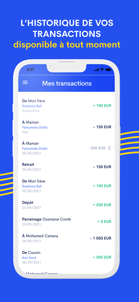 YMO - Transfert d'argent - YMO app interface showing a list of recent money transfer transactions and account history