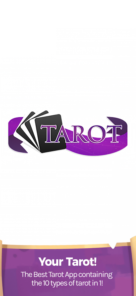 Splash screen of the Tarot Reading app featuring a tarot card logo and purple banner promoting 10 types of tarot readings in one app