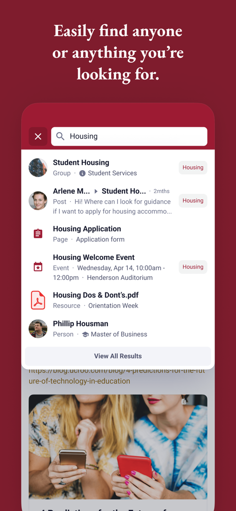 Interface of the myBYUH app search feature showing results for campus housing, events, and people