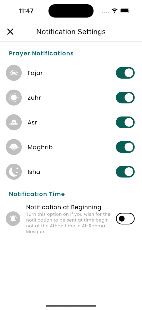 Al Rahma Mosque prayer notification settings screen