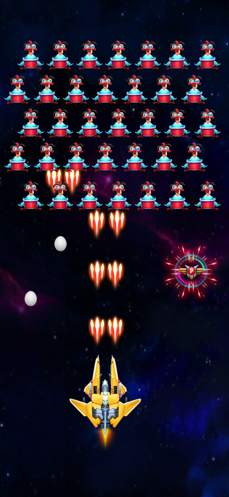 Galaxy Attack: Alien Invaders - A yellow spaceship shooting orange lasers at rows of alien chickens in outer space