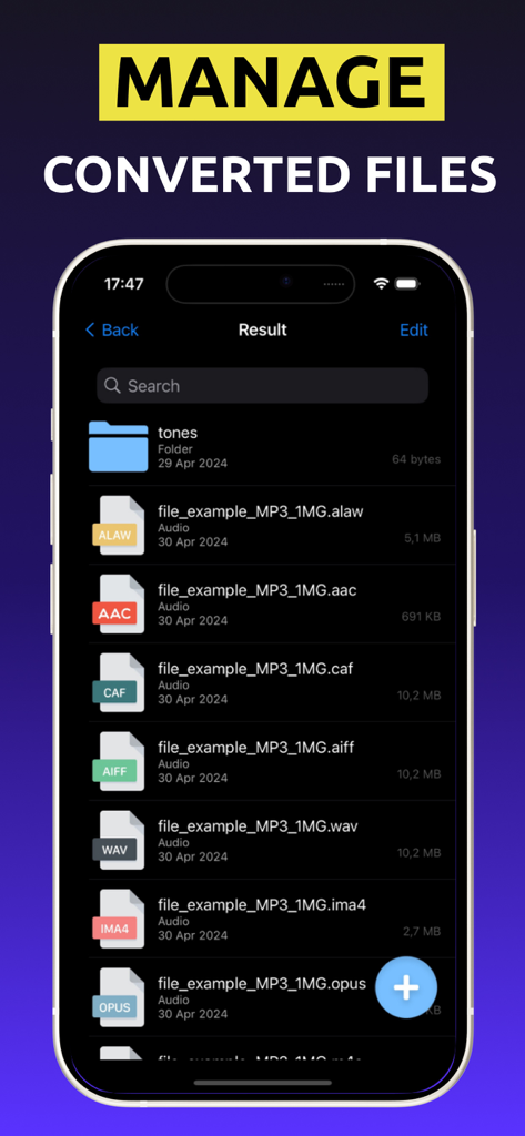 A list of converted audio files in various formats within the Audio Converter app file manager