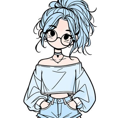 girl with a messy ponytail glasses a baggy crop top and jean shorts