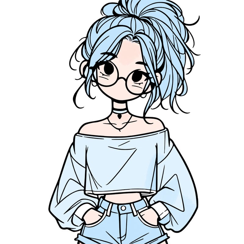 girl with a messy ponytail glasses a baggy crop top and jean shorts