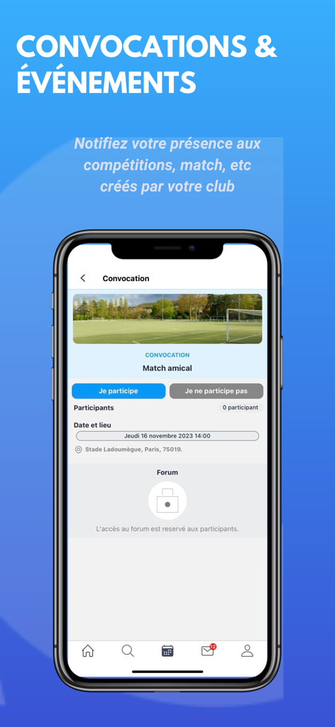 Interface of the MonClub App showing a sports match invitation with buttons to confirm or decline attendance