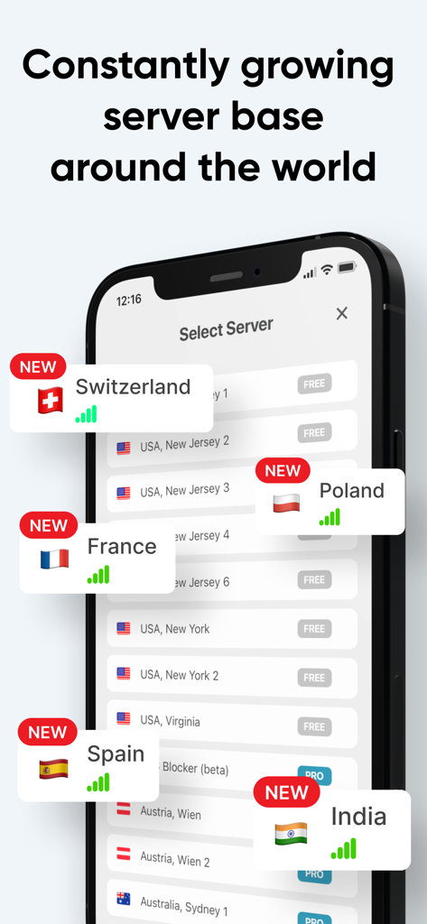 Flex VPN – Proxy+ unlimited - Flex VPN app interface displaying a list of international server locations including Switzerland Poland and India with free and pro labels