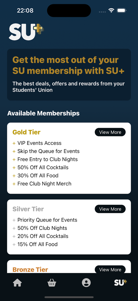 Students' Union - A screen from the Students Union app displaying SU plus membership tiers including Gold and Silver with associated student perks