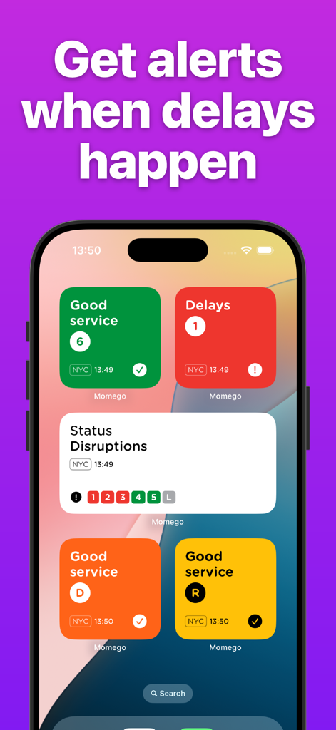 Momego: Bus & Transit Tracker - Momego app iOS home screen widgets displaying real-time transit status and subway delay alerts