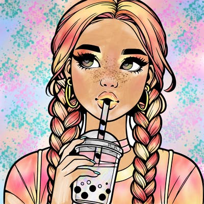 realistic girl with braided hair drinking boba
