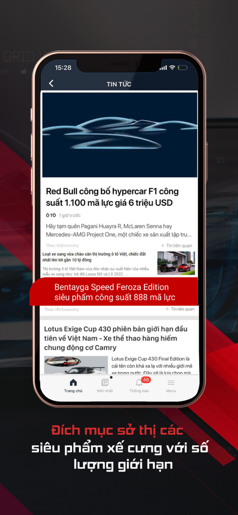 AutoPro - Interfaz de la aplicación móvil AutoPro que muestra un feed de noticias con artículos sobre hipercoches y vehículos de lujo en vietnamita.