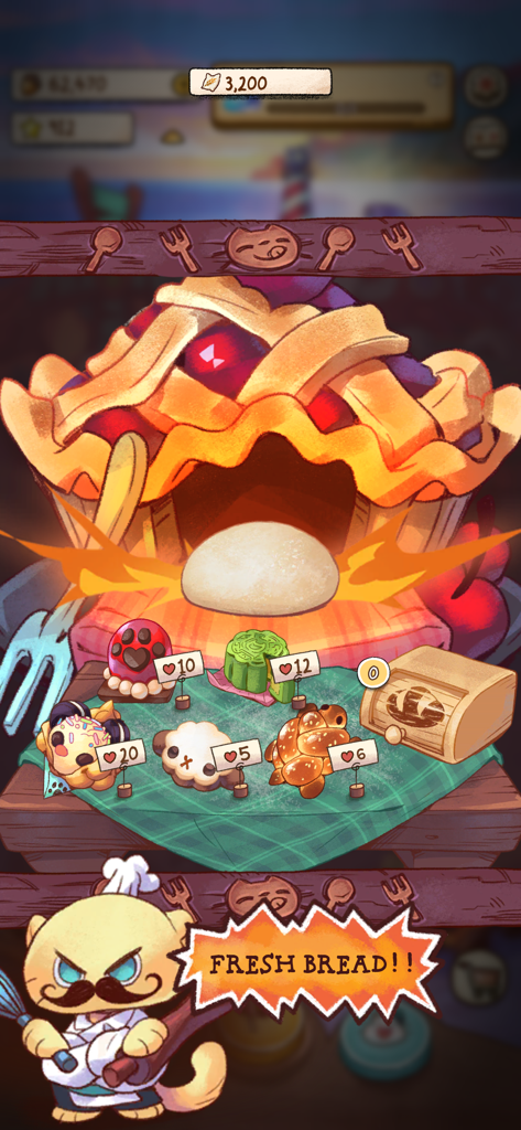 Campfire Cat Cafe - A cute cat chef with a mustache standing in front of a display of kawaii animal shaped breads and a giant pie
