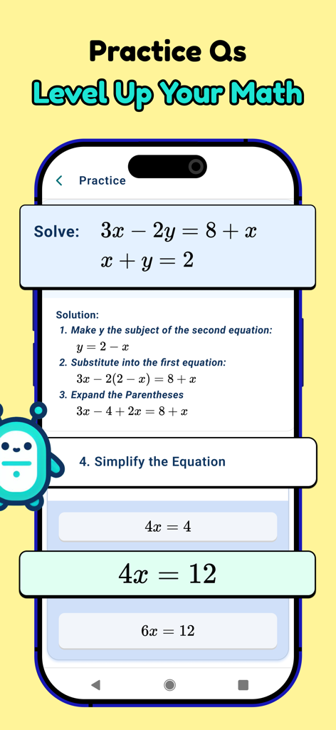 Stimy AI: Math Solver & Tutor - Stimy AI app interface showing interactive math practice problems and step by step solutions