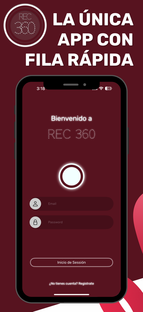 Rec 360 app login screen with a Spanish headline promoting its fast queue feature for 360 video booths