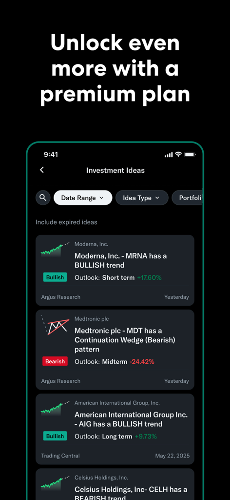 Yahoo Finance: Stocks & News - Captura de pantalla de la aplicación Yahoo Finance que muestra ideas de inversión y tendencias técnicas para acciones